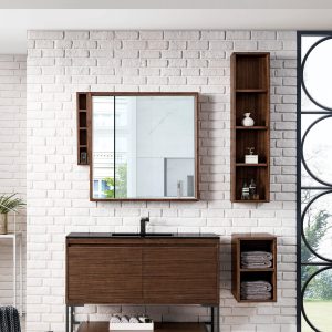 Milan 47.3" Bathroom Vanity, Mid Century Walnut, Matte Black, Black Top