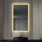 Enjoy elegance with the modern bathroom design featuring the Beta 21 x 36 LED Mirror with Frosted Sides above a sleek black countertop-mounted sink. The wall is finished in wood panels, while touch control icons subtly glow on the mirror.