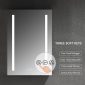 The Pillar 24 Inch LED Medicine Cabinet has a rectangular mirror with vertical LED strips, featuring a one-touch defogger, adjustable color temperature, three-level dimmer, and auto memory. Icons on the right of the mirror highlight these features for easy navigation.