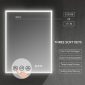The Sirius 20 Medicine Cabinet with LED lights has an illuminated rectangular mirror featuring a digital clock, temperature display, and three soft keys for a one-touch defogger, color temp adjustment, dimmer, and auto memory. A finger hovers over icons at the mirrors bottom left.