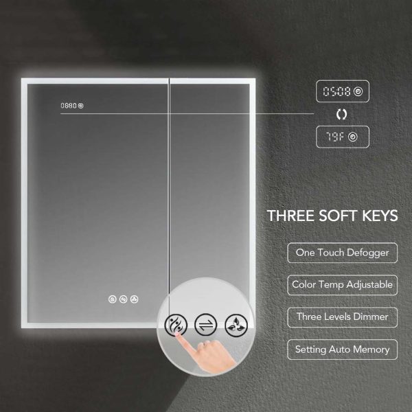 The Sirius 30 Medicine Cabinet features LED lights, a digital display, and an elegant rectangular design. It includes three soft keys for one-touch defogger, color temperature adjustment, and a three-level dimmer for effortless fingertip control.