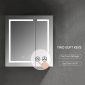 The Vega 30 Inch LED Medicine Cabinet features an illuminated border and two touch-sensitive buttons. It includes a One Touch Defogger and Easy Turn On/Off, combining convenience and modern design.