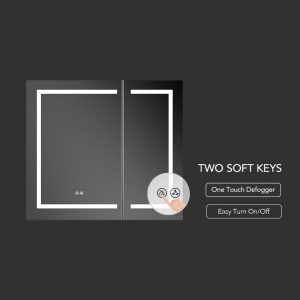 The Vega 36 Inch LED Medicine Cabinet features a sleek mirror with two outlined square panels, a dark background, and two soft keys for a defogger and easy on/off. A hand presses one button under the text: TWO SOFT KEYS. One Touch Defogger. Easy Turn On/Off.