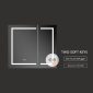 The Vega 36 Inch LED Medicine Cabinet features a sleek mirror with two outlined square panels, a dark background, and two soft keys for a defogger and easy on/off. A hand presses one button under the text: TWO SOFT KEYS. One Touch Defogger. Easy Turn On/Off.