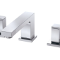 The Avian Two Handle Widespread Lavatory Faucet is a contemporary three-piece set with a sleek rectangular central spout and two matching lever handles, all finished in shiny chrome.