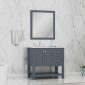 A modern bathroom showcases the Wilmington 36 Inch Bathroom Vanity Cabinet in Gray (no top), paired with a white countertop, silver faucet, matching mirror, gray towels on a rack, and white marble wall tiles.