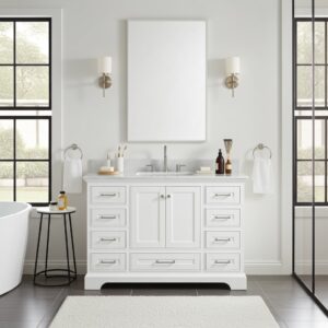 A bright, modern bathroom features the Copenhagen 48 inch Bathroom Vanity with double faucets, a large frameless mirror flanked by two wall sconces, neatly arranged toiletries, black-framed windows, and a tub.