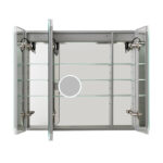 The Edge Royal 36 Inch LED Lighted Mirror 3 Door Medicine Cabinet features three mirrored sections with glass shelves inside, interior shelving on each door, metal hinges, and a round magnifying mirror on the center door.