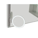 A round magnifying mirror is mounted on a large Edge Royal 60 Inch LED Lighted Mirror Medicine Cabinet, reflecting a glass shelf in the background.