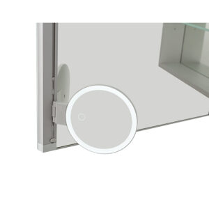 A round magnifying mirror is mounted on a large Edge Royal 60 Inch LED Lighted Mirror Medicine Cabinet, reflecting a glass shelf in the background.