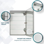 The Edge Royal 24 Inch Left Side LED Lighted Mirror Medicine Cabinet features glass shelves, soft close hinges, integrated LED lighting, and a 3x magnifying mirror, with circular insets showcasing its hinges, lighting, and magnifier.