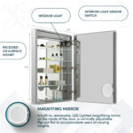 The Edge Royal 24 Inch Left Side LED Lighted Mirror Medicine Cabinet features an open mirrored door revealing glass shelves for toiletries, an interior LED light with sensor switch, and a round LED magnifying mirror mounted inside the door.