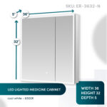 Edge Royal 36 Inch LED Lighted Mirror Medicine Cabinet, 36"W x 32"H x 5"D, features double mirrored doors and cool white 6500K illumination. SKU: ER-3632-N is displayed at the top right.
