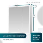 The Edge Royal 30 Inch LED Lighted Mirror Medicine Cabinet features rectangular mirrored doors, cool white 6500K LED lighting, and measures 30"W x 32"H x 5"D. SKU: ER-3032-N.