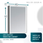 The Edge Royal 20 Inch Left Side LED Lighted Mirror Medicine Cabinet features a sleek rectangular design (20"W x 32"H x 5"D) with cool white 6500K lighting for clear visibility. SKU: ER-2032R-N.