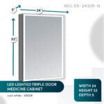 The Edge Royal 24 Inch Left Side LED Lighted Mirror Medicine Cabinet (SKU ER-2432R-N) features a mirrored front, triple doors, cool 6500K white light, modern style, practical storage, and measures 24"W x 32"H x 5"D.