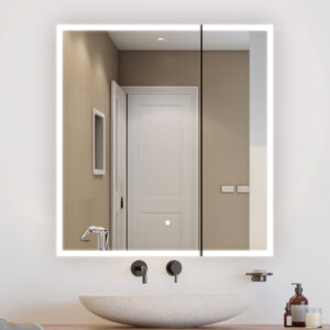 A modern bathroom featuring a round stone sink, wall-mounted faucet, soap dispenser, and the Edge Royal 30 Inch LED Lighted Mirror Medicine Cabinet reflecting a white door and beige walls.