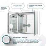 The Edge Royal 36 Inch LED Lighted Mirror Medicine Cabinet features mirrored doors, interior shelves, built-in LED lighting, an interior light sensor switch, and a removable magnifying mirror mounted inside the door.