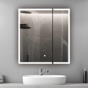 A modern bathroom features the Edge Royal 36 Inch LED Lighted Mirror Medicine Cabinet above a white sink and silver faucet. The mirror reflects a rainfall showerhead and dark-tiled shower, while a liquid soap dispenser sits on the counter.