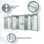 The Edge Royal 72 Inch LED Lighted Mirror Medicine Cabinet features mirrored doors, soft close hinges, and an interior round magnifying mirror. Insets show the hinge and magnifying mirror detail.