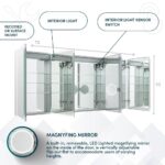 The Edge Royal 72 Inch LED Lighted Mirror Medicine Cabinet features three mirrored doors, interior shelves, built-in LED lighting, a removable magnifying mirror, interior light, sensor switch, and can be recessed or surface mounted.