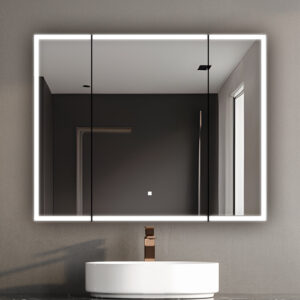 A modern bathroom features a circular white sink, bronze faucet, and the Edge Royal 40 Inch LED Lighted Mirror Medicine Cabinet on a gray wall, reflecting a minimalist room with a window.