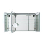 The Edge Royal 48 Inch LED Lighted Mirror 3 Door Medicine Cabinet mounts to the wall, featuring mirrored doors that open to reveal glass shelves and a built-in round magnifying mirror inside.