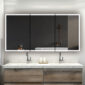 A modern bathroom with a marble countertop, dual sinks, wooden cabinetry, and the Edge Royal 60 Inch LED Lighted Mirror Medicine Cabinet reflecting the bathtub, shelves, and wall-mounted shower. Minimalist decor and neutral tones complete the look.