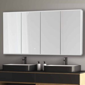 A modern bathroom with a gray wall, wooden vanity, two black rectangular sinks with black faucets, two white soap dispensers, and an Edge Royal 72 Inch LED Lighted Mirror Medicine Cabinet above.