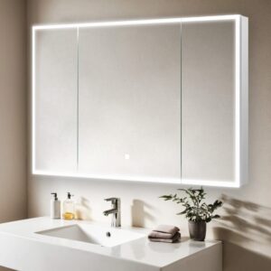 A modern bathroom features the Edge Royal 48 Inch LED Lighted Mirror 3 Door Medicine Cabinet above a white sink, with a chrome faucet, a small plant, and towels on the countertop against a beige wall.