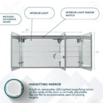 The Edge Royal 60 Inch LED Lighted Mirror Medicine Cabinet features three mirrored doors, interior LED lighting, a light sensor switch, adjustable magnifying mirror, and glass shelves. Measures 60"W x 32"H.