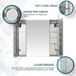Edge Royal 36 Inch LED Lighted Mirror 3 Door Medicine Cabinet features mirrored doors, soft-close hinges, an integrated LED 3x magnifying mirror, and three adjustable clear glass shelves on each side with labeled callouts.
