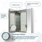 The Edge Royal 36 Inch LED Lighted Mirror 3 Door Medicine Cabinet features mirrored doors, interior LED lighting, glass shelves, a removable magnifying mirror, and a sensor switch. It can be recessed or surface mounted and measures 36" W x 32" H.