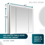 The Edge Royal 36 Inch LED Lighted Mirror 3 Door Medicine Cabinet, 36"W x 32"H x 5"D, features bright cool white 6500K lighting. SKU: ER3-3632N is displayed above the cabinet.