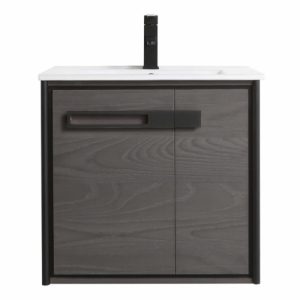 Oakville 24" Wall Mount Bath Vanity In Black Coal Oak With Black Hardware And Top