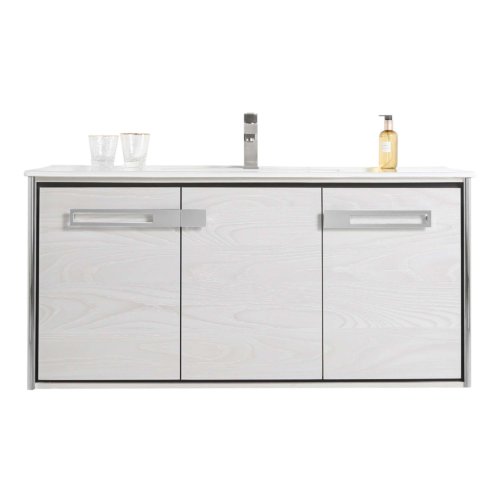 Oakville 42" Wall Mount Bath Vanity In Mild Gray Oak With Chrome Hardware And Ceramic Top