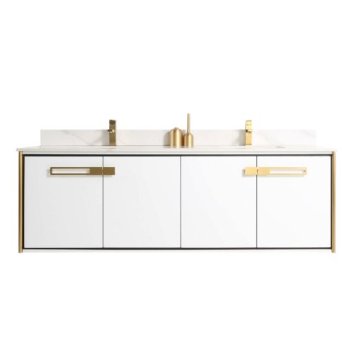 Oakville 72" Double Sink Wall Mount Bath Vanity In Matte With Satin Brass Hardware And Stone Top