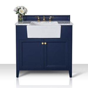 Adeline 36 in. Bath Vanity Set in Heritage Blue with Italian Carrara White Marble Vanity Top and White Undermount Basin with Gold Hardware