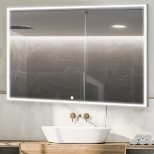 A modern bathroom features the Edge 48 Inch LED Lighted Bathroom Mirror above a white vessel sink with a wall-mounted faucet, while rolled towels are neatly stacked on the wooden countertop below.