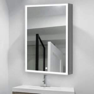 The Edge Royal 24 Inch Left Side LED Lighted Mirror Medicine Cabinet is mounted above a sink and faucet, reflecting a shower area with a black-framed glass door and white walls.