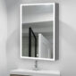 The Edge Royal 24 Inch Left Side LED Lighted Mirror Medicine Cabinet is mounted above a sink and faucet, reflecting a shower area with a black-framed glass door and white walls.