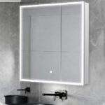 A modern bathroom features the Edge Royal 30 Inch LED Lighted Mirror Medicine Cabinet above a matte black sink and faucet, all set against gray tiled walls.