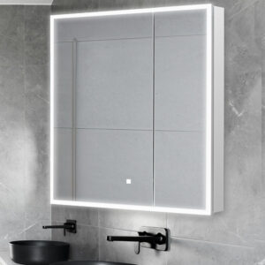 A modern bathroom features the Edge Royal 30 Inch LED Lighted Mirror Medicine Cabinet above a matte black sink and faucet, all set against gray tiled walls.