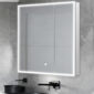 A modern bathroom features the Edge Royal 30 Inch LED Lighted Mirror Medicine Cabinet above a matte black sink and faucet, all set against gray tiled walls.