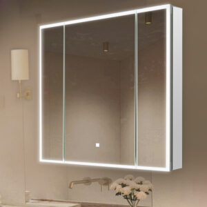A modern bathroom features the Edge Royal 36 Inch LED Lighted Mirror 3 Door Medicine Cabinet with a spacious rectangular mirror, built-in LED edge lighting, and reflections of the ceiling, lights, and a small white flower vase near the sink.