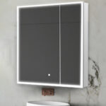 The Edge Royal 36 Inch LED Lighted Mirror Medicine Cabinet features a modern, wall-mounted design with a dark mirrored front, edge LED lighting, and a touch sensor, positioned above a white sink on a marble wall.