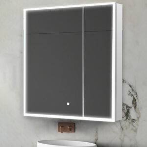 The Edge Royal 36 Inch LED Lighted Mirror Medicine Cabinet features a modern, wall-mounted design with a dark mirrored front, edge LED lighting, and a touch sensor, positioned above a white sink on a marble wall.