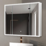 The Edge Royal 40 Inch LED Lighted Mirror Medicine Cabinet features a modern, wall-mounted design with three mirrored doors and built-in LED lighting, perfect for minimalist bathrooms.