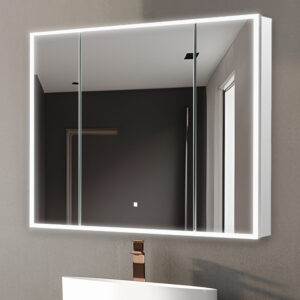 The Edge Royal 40 Inch LED Lighted Mirror Medicine Cabinet features a modern, wall-mounted design with three mirrored doors and built-in LED lighting, perfect for minimalist bathrooms.