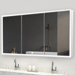 A modern bathroom showcases the Edge Royal 60 Inch LED Lighted Mirror Medicine Cabinet above a marble double-sink countertop. The mirror reflects a dark wall, bathtub, and bronze showerhead, with toiletries neatly arranged on the counter.